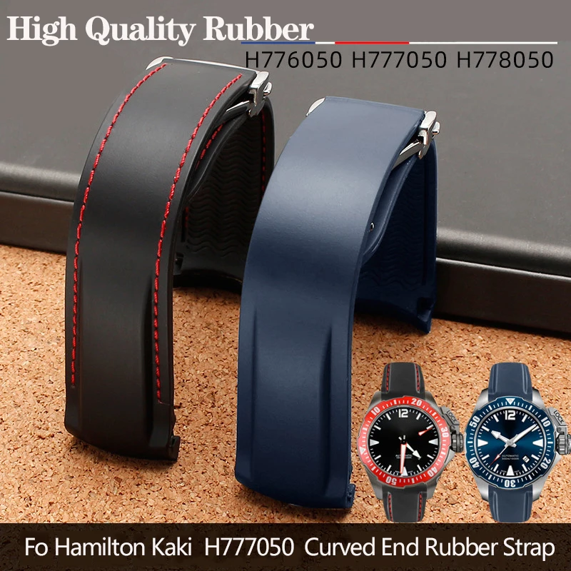 20mm 22mm Curved End Rubber Watchband For Hamilton Kaki Frogman H777050 H778050 Strap Diving Silicone Watch Band Bracelet