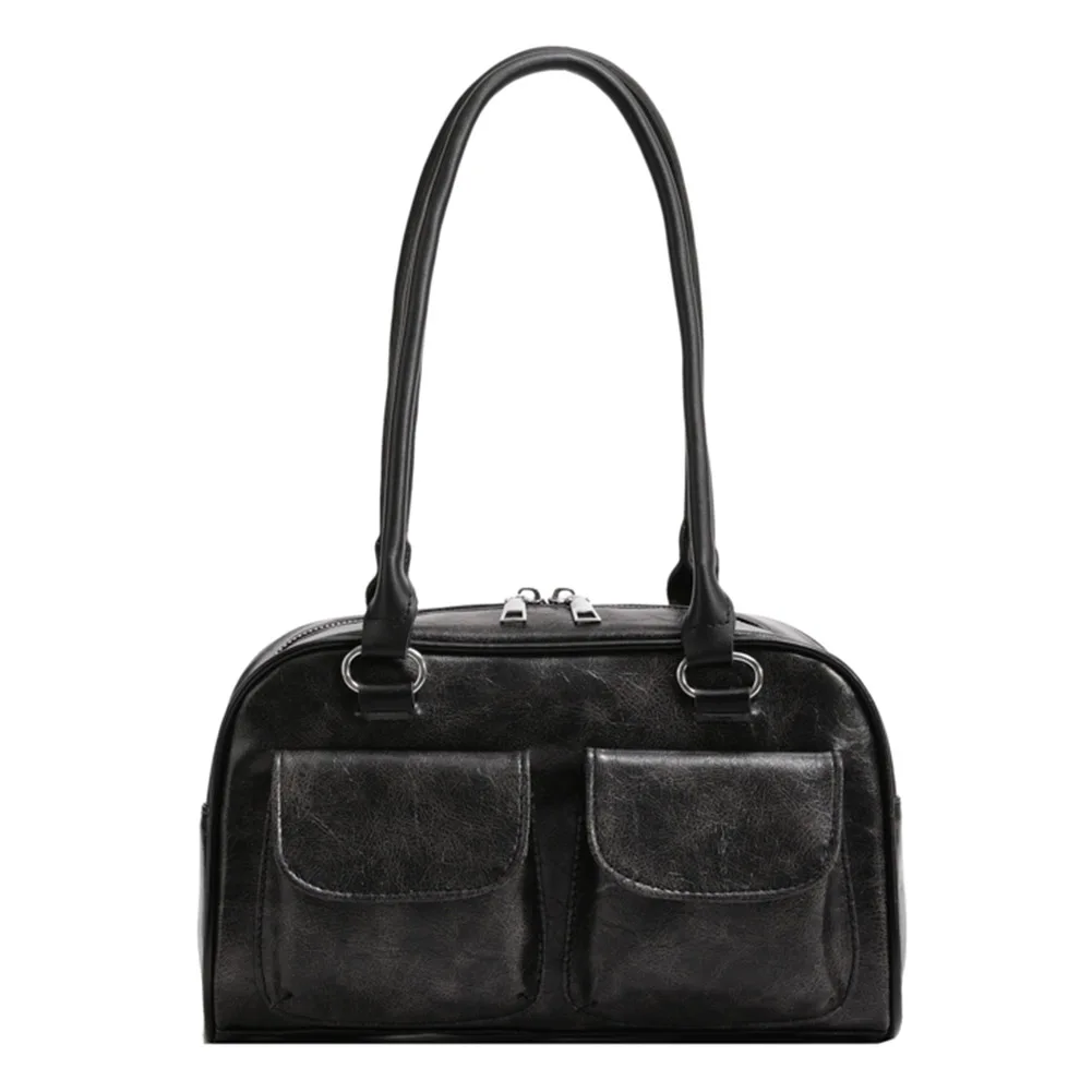 

Women Fashion Armpit Bag Double Pocket PU Vintage Shoulder Bag Solid Color Simple Commuting Bag Large Capacity Retro Handbag