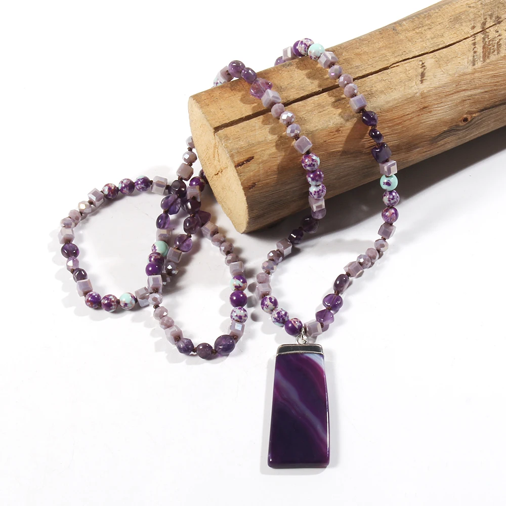 Fashion Bohemian Jewelry Necklace 6mm Beads Knotted Rectangle Agat Pendant Necklaces For Women Festival Gift