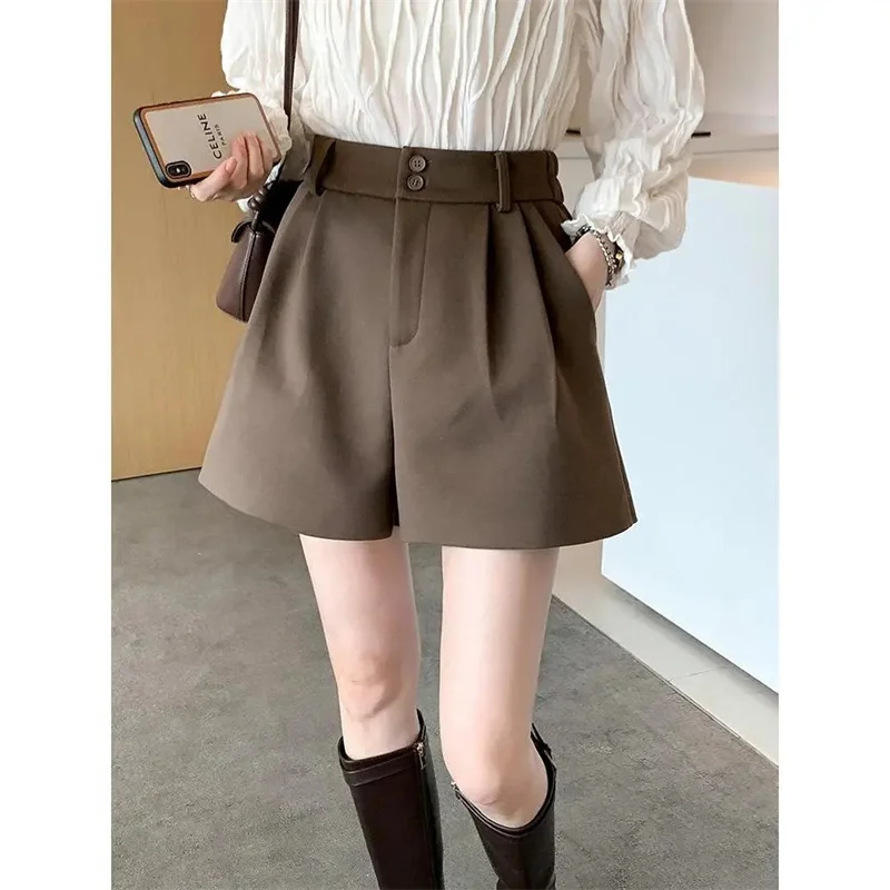 Korean Female High Waist Woolen Shorts Autumn Winter Ladies Leisure A-line Wide Leg Boots Pantalons New Women Fashion Trousers