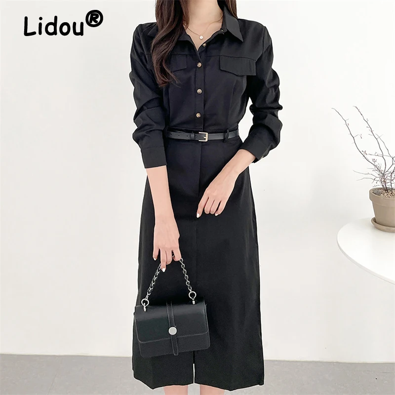 2024 Frauen koreanische Mode Vintage elegant mit Gürtel Hemd Kleider Büro Dame lässig schick Schlitz Langarm solide schlanke Midi-Kleid