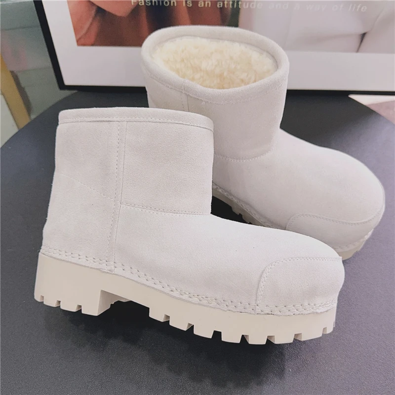 

Plus Size 35-43 Luxury Cow Suede Leather Snow Boots Women Warm Winter Boots Slip On Big Round Toe Ankle Mid Calf High Boots