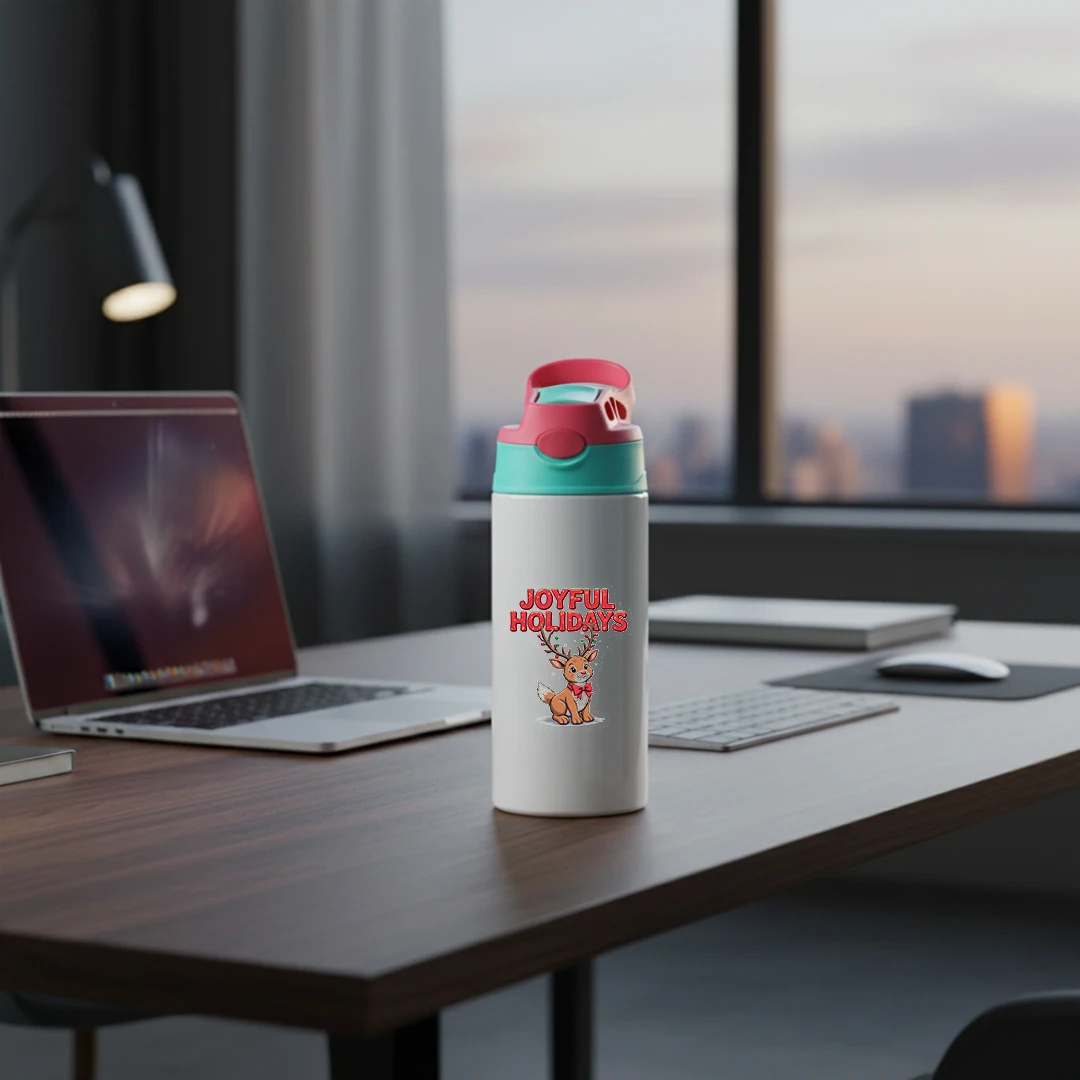 Cangkir termal baja tahan karat 304 + cangkir Natal tanduk rusa kartun + cangkir sedotan anak-anak + hadiah Natal JOYFUL HOLIDAYS
