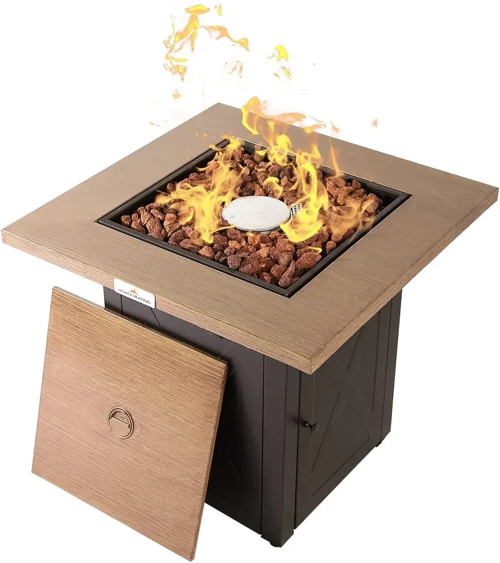 Propane Fire Pit Table Outdoor Gas, Steel Fire Table with Lid and Lava Rock, Square and Firepit Table