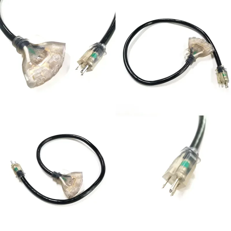 3G 12AWG SJTW 300V Etl Certified Light Black Us Nema 5-15P Plug to 3X5-15R Connector Receptacle Extension Power Cords