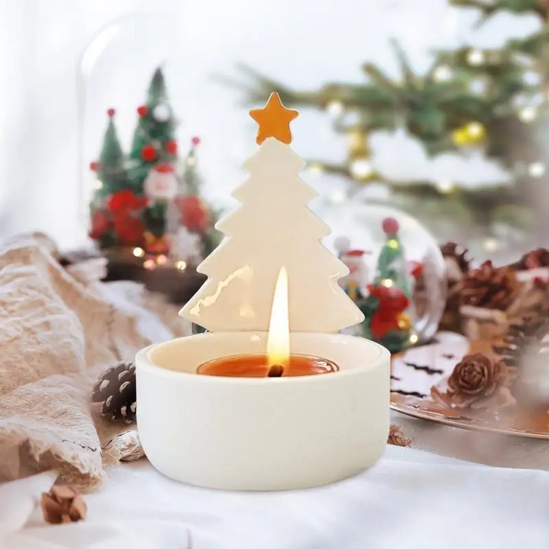 Christmas Tree Tea Light Holder Tree Ornament Decor Ceramic Tabletop Candlestick For Christmas Home Mantle Winter Holiday
