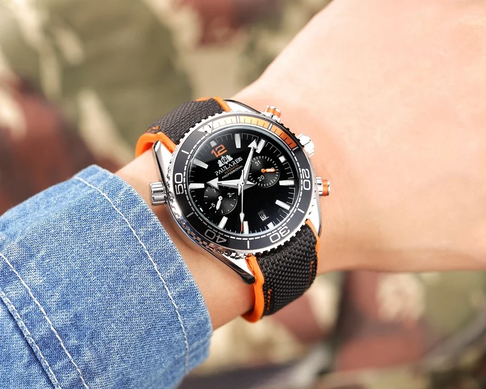 Men Automatic Self Wind Mechanical Canvas Rubber Strap Orange Blue Red Multifunction Date Month Watch