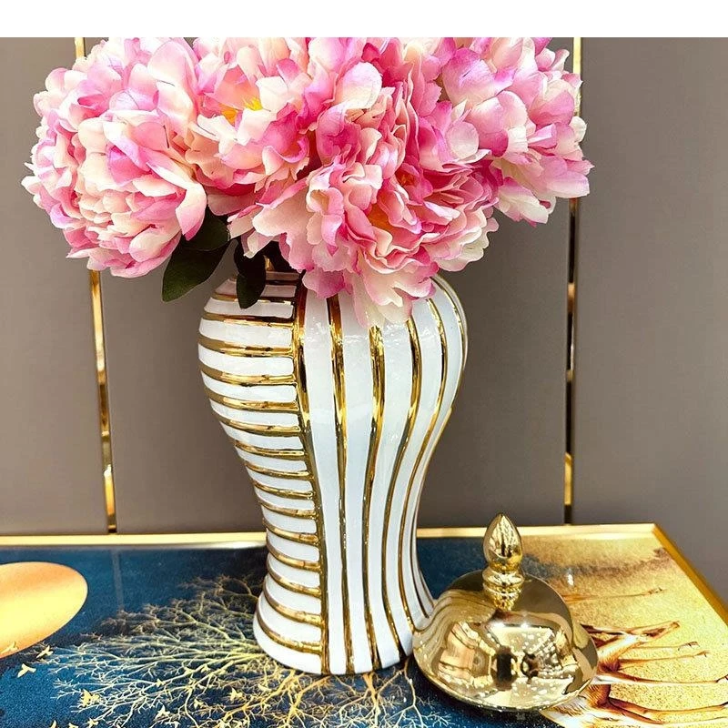 Golden Geometric Stripe Ceramic Storage Jar Gold-plated Floral Vase Flower Arrangement Desktop Jewelry Cosmetic Container