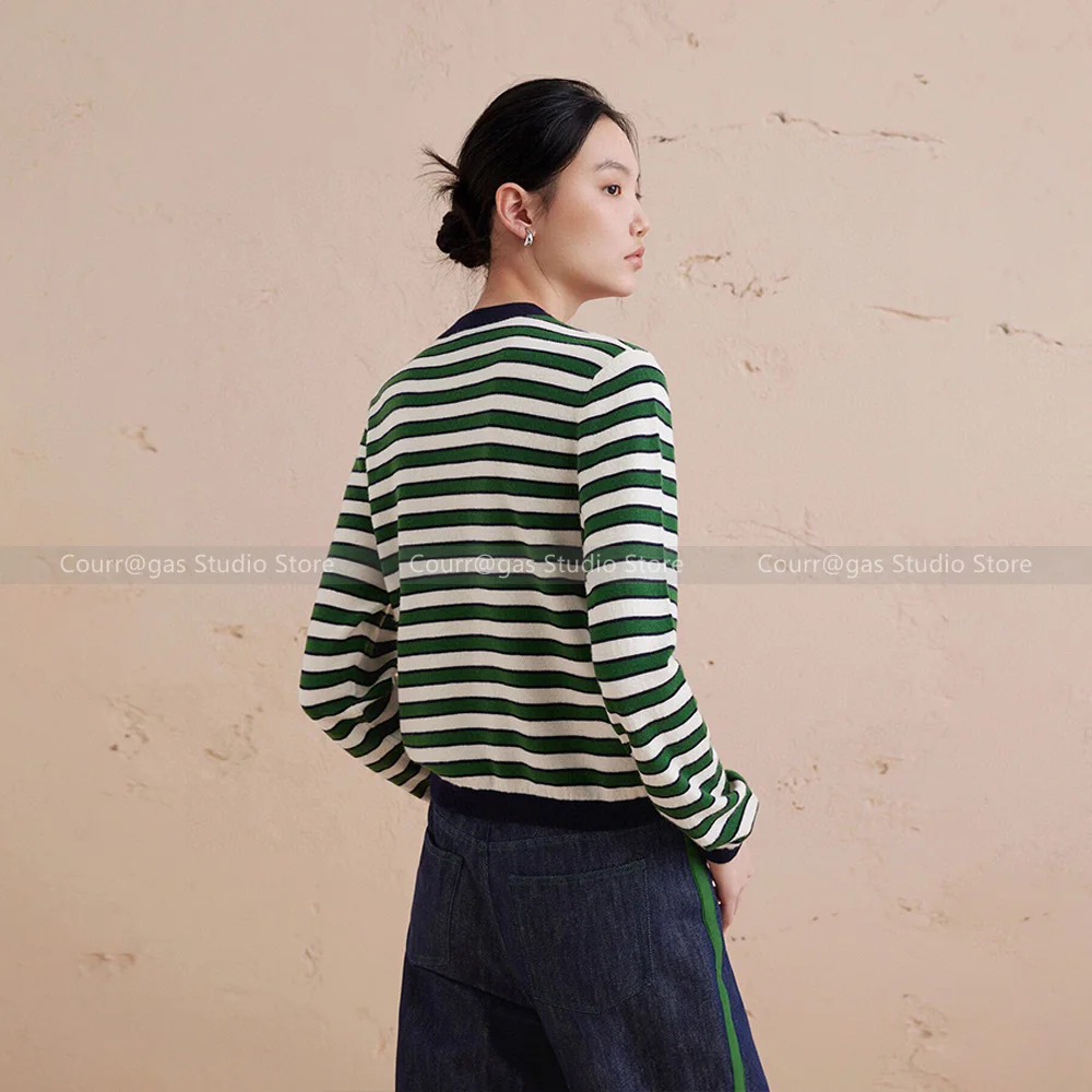 Women's 2024 early autumn new retro round neck collision green and white striped long-sleeved wool plush cardigan