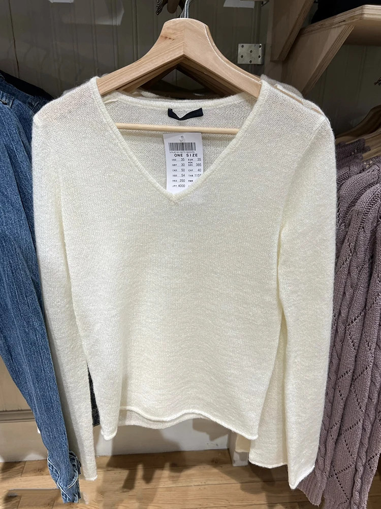 Vintage Beige V Neck Knit T-Shirts Women 2022 Autumn Simple Long Sleeve Soft Cotton Raw Hem Tops Sweet Chic Slim Y2k T Shirt