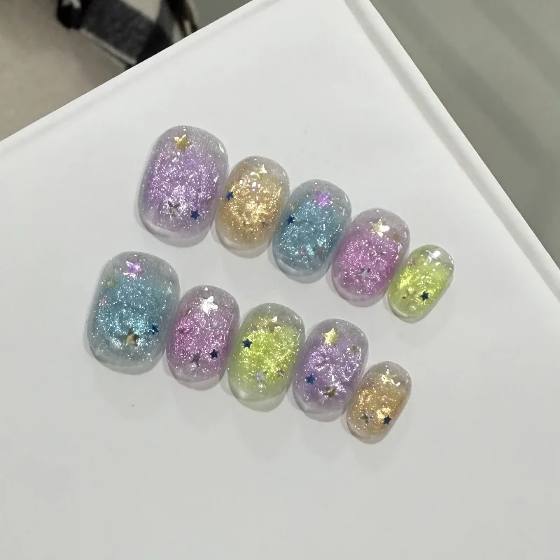 10pcs Handmade Nails Textured Glittery Stars Translucent Cat-eye and Press-on Nails—perfect As A Gift for Girls and Friends