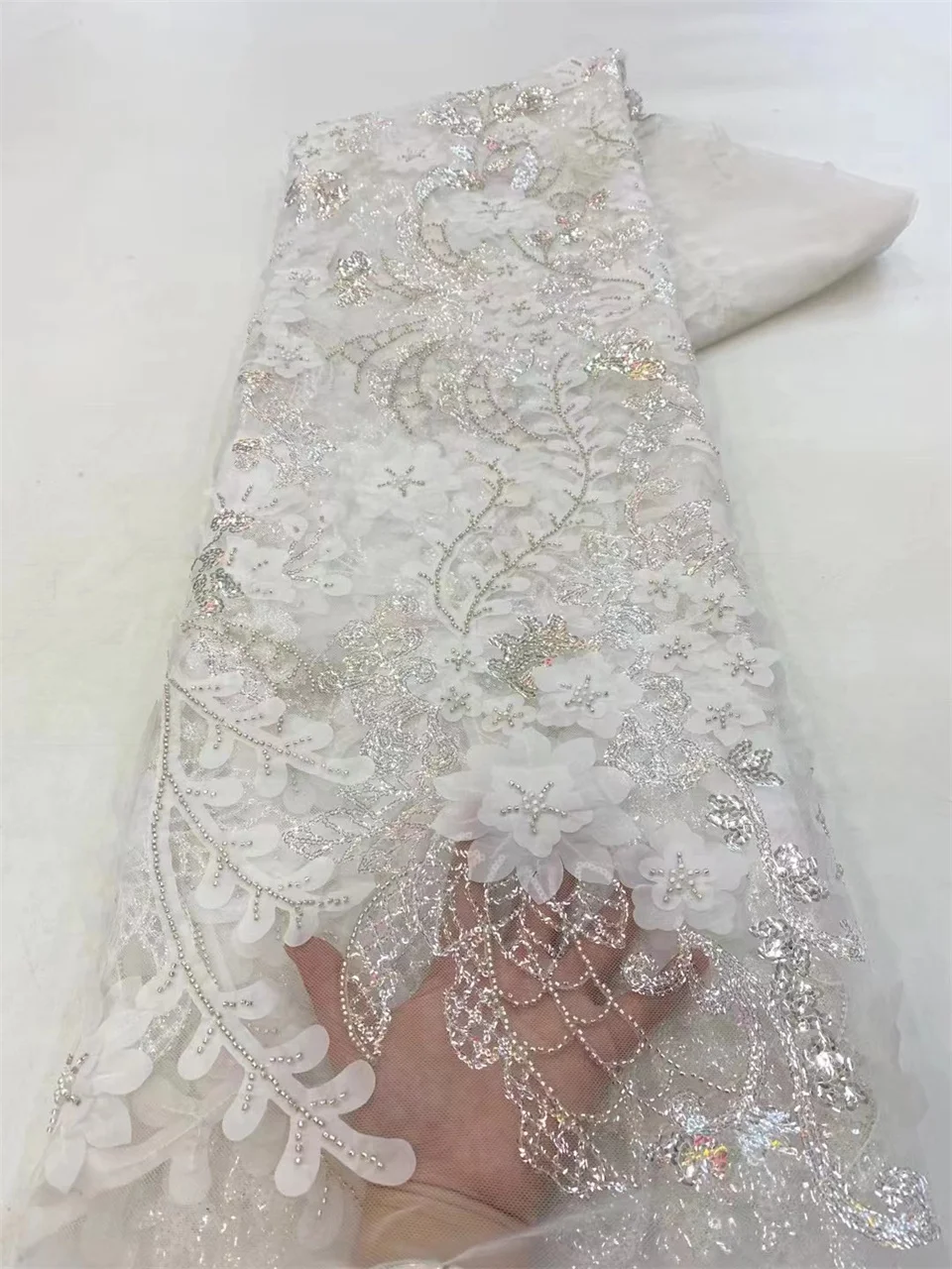 Tela de encaje con cuentas de flores nigerianas en 3D, Material de encaje de malla de lujo para coser vestidos de boda para mujer, tela de encaje con cuentas bordadas africanas