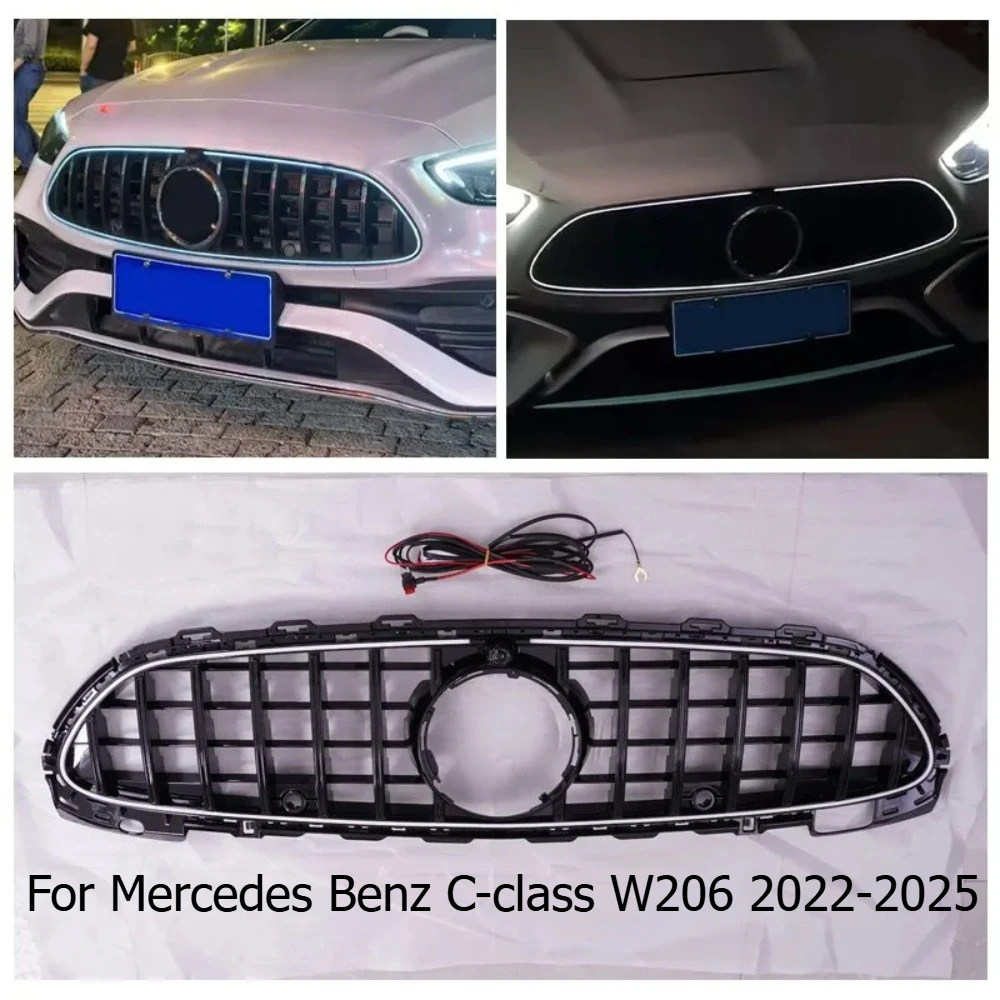 Gloss Black Car LED Front Bumper luminous Grille Grill Replacement For Mercedes Benz C-class W206 2022 2023 2024 2025