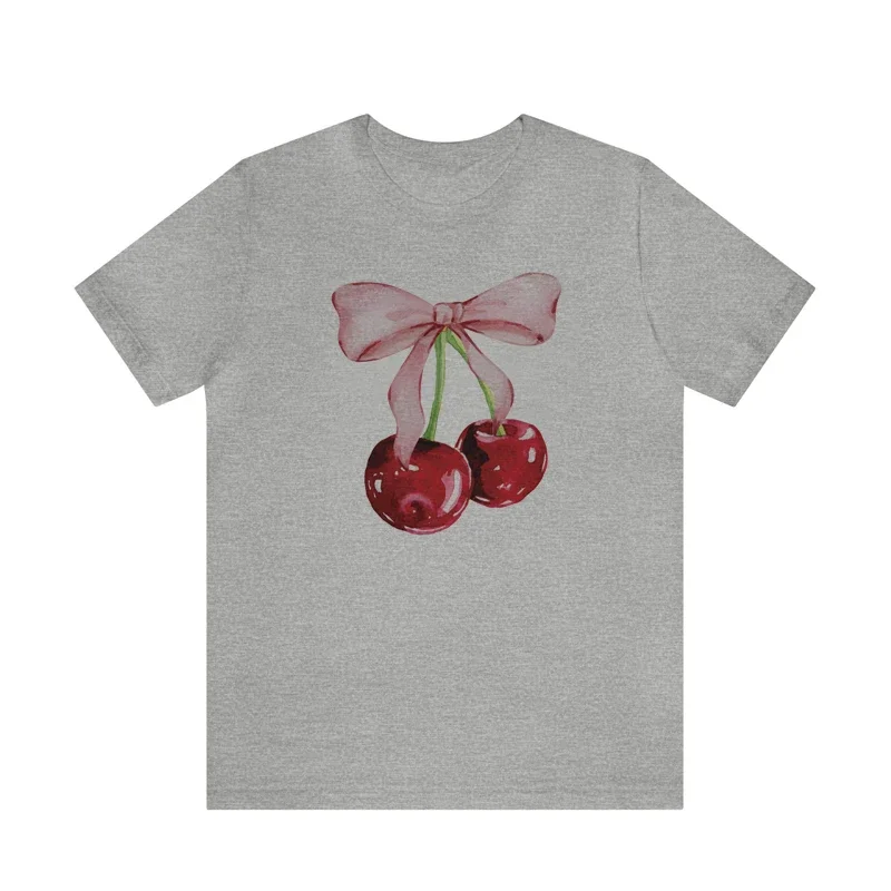 Cherry Bow Printed Women\'s Vintage T-Shirt Trendy Cute Coquette Tee Shirt Short Sleeve Cottagecore Aesthetic Tops Female Clothes