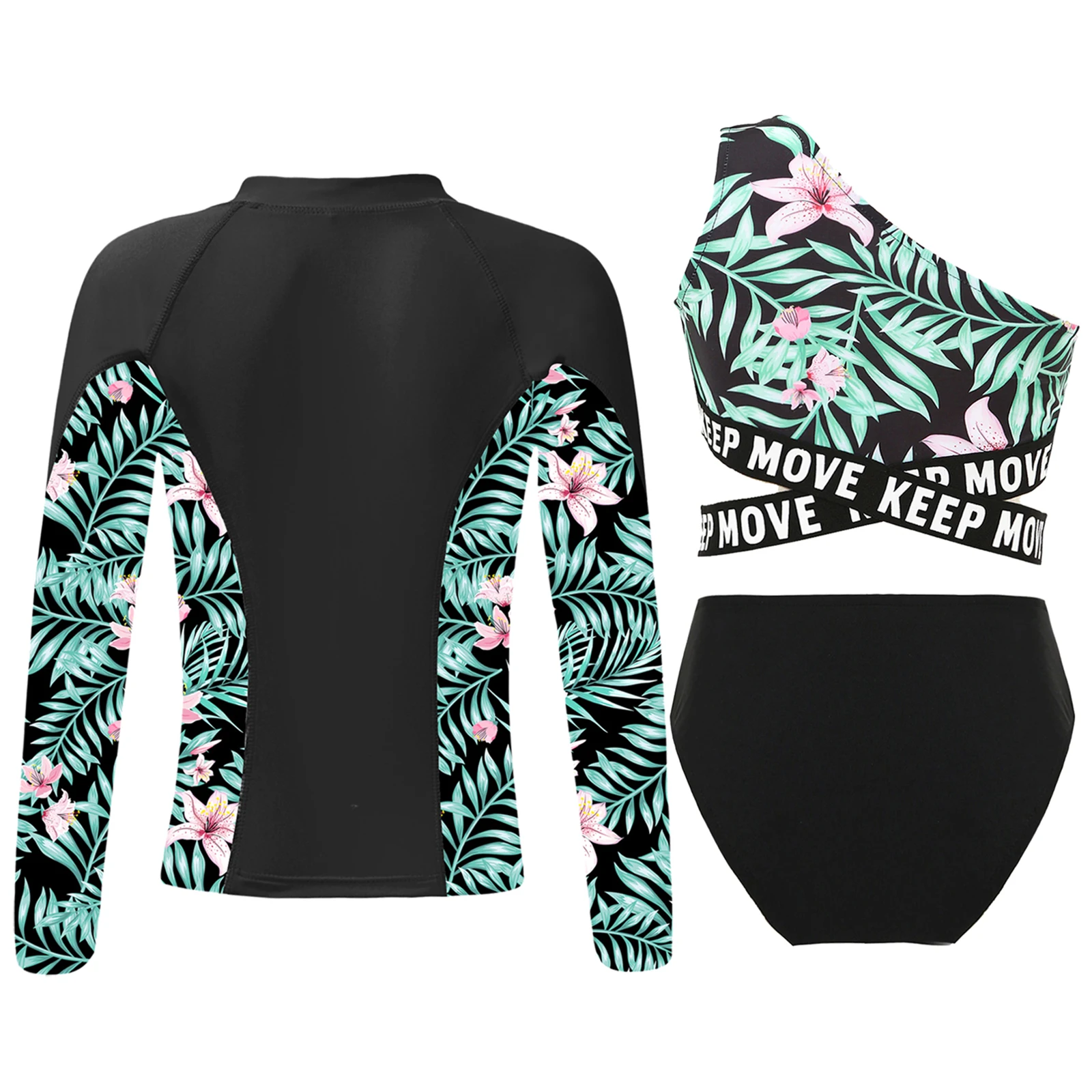 3PCS Kids Girls Printed Swimwear Set Long Sleeve Front Zipper Outerwear with Fashion Crop Top And Briefs Outfit for Swimming