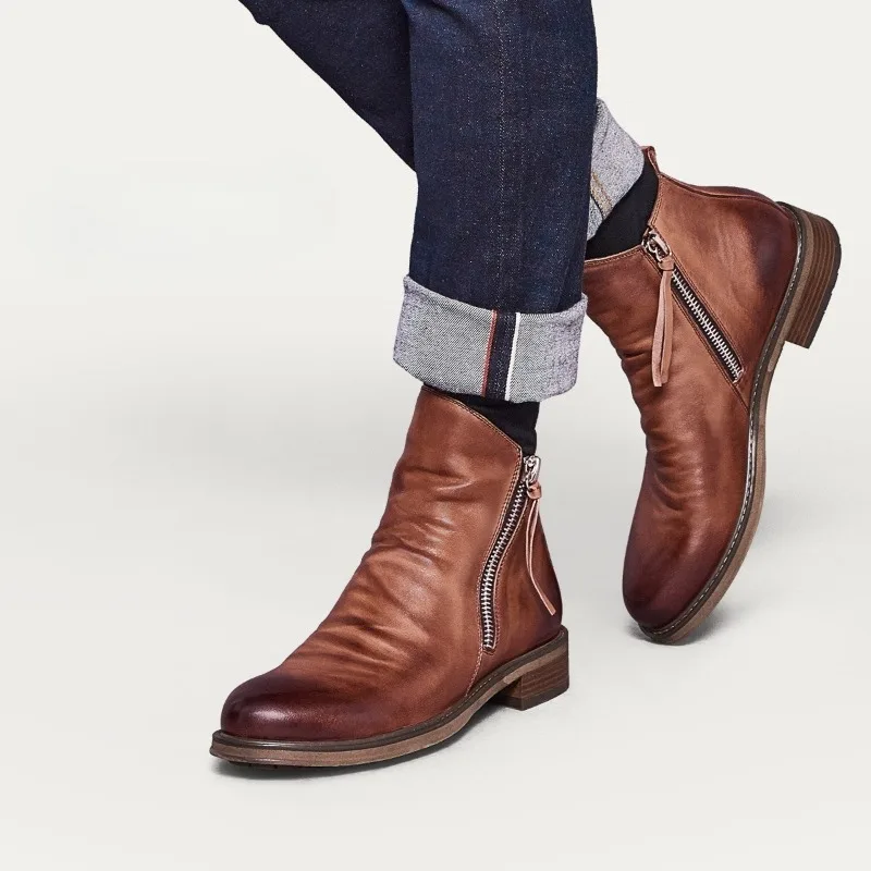 

Mens High Top Boots Tassel Double-side Zipper Ankle Boots High Quality Leather Boots for Men Non-slip Platform Boot Botas Hombre