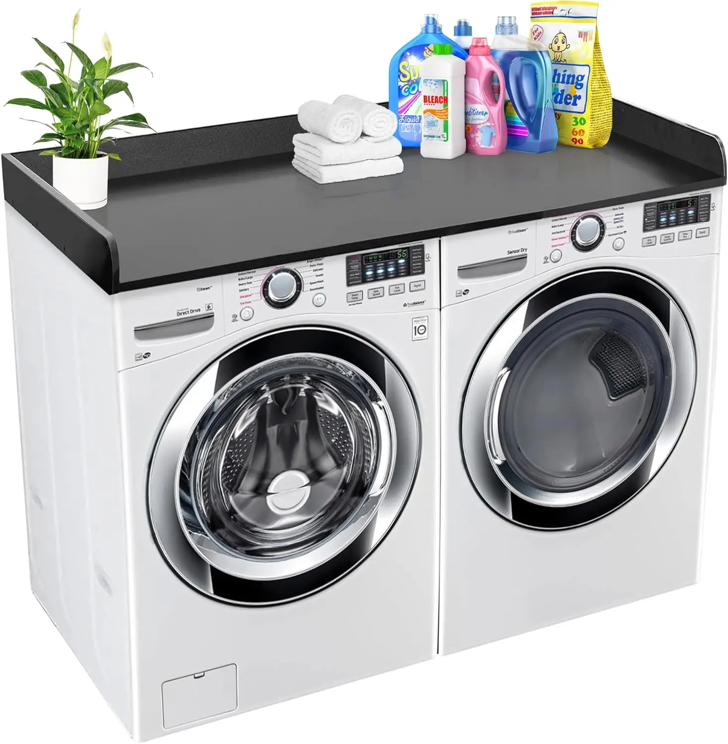 

Полка для стиральной машины и сушилки (54 дюйма x 27,5 дюймов) с основанием из массива дерева и бортиками, черная, для организации прачечной комнаты