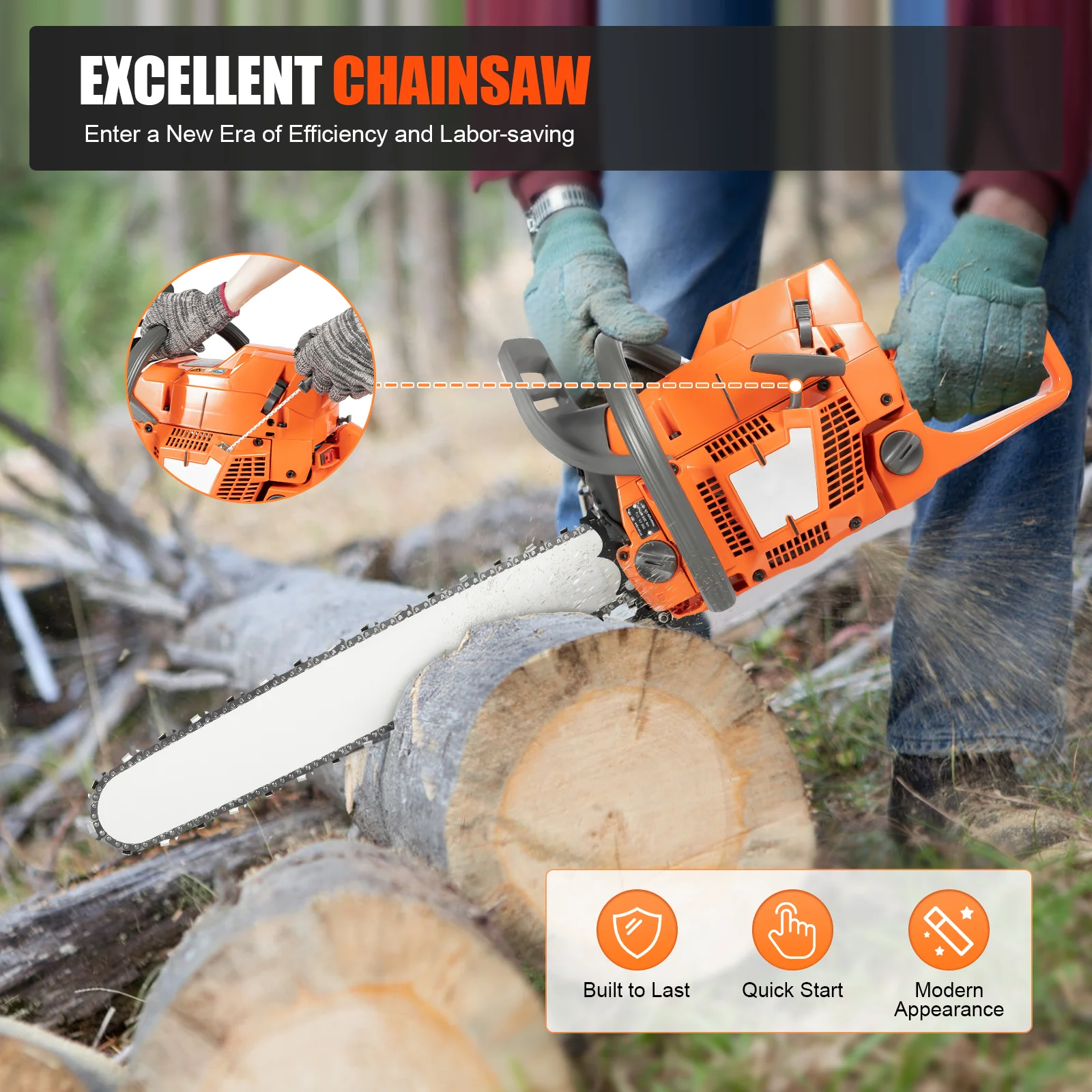 

(Orange) 24'' Gas Chainsaw, 3.9 KW 71.8cc Gasoline Power Chain Saw, 2-Stroke Air-cooled Gas Powered Chainsaw, Speed 2700rpm
