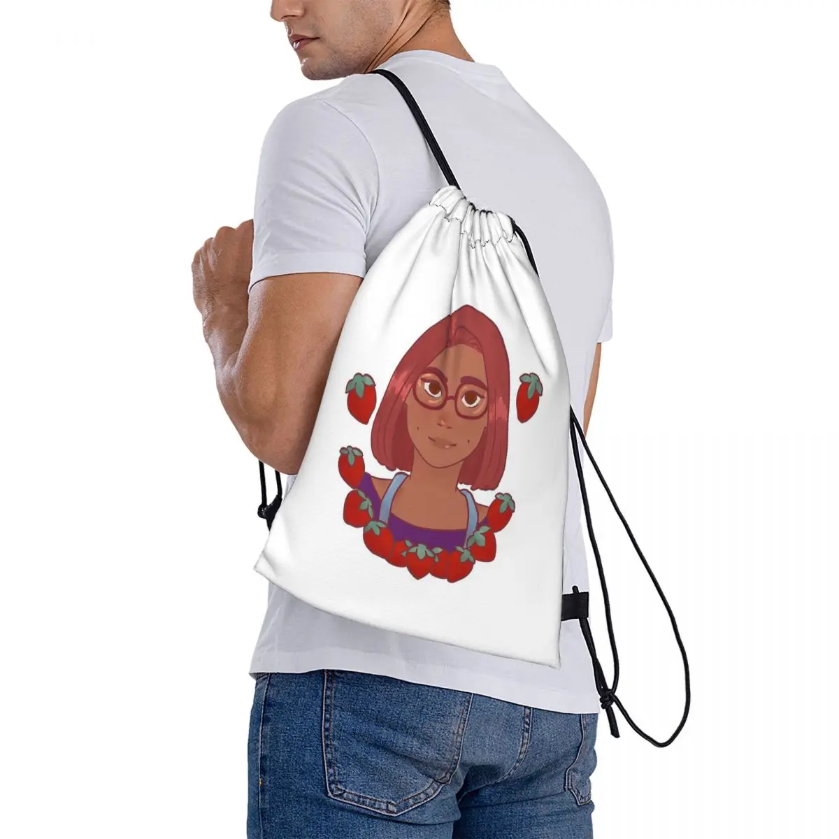 Stardew Valley Strawberry Maru Backpacks Portable Drawstring Bundle Pocket Sports Bag Book Bags for Travel Students