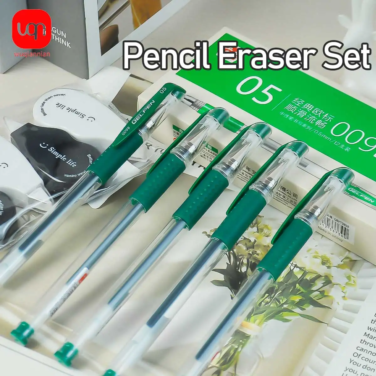 WQN-Simple Green Gel Pen 0.5mm Nib Mini Convenient Mini Correction Belt Practical School and Office Stationery Supplies
