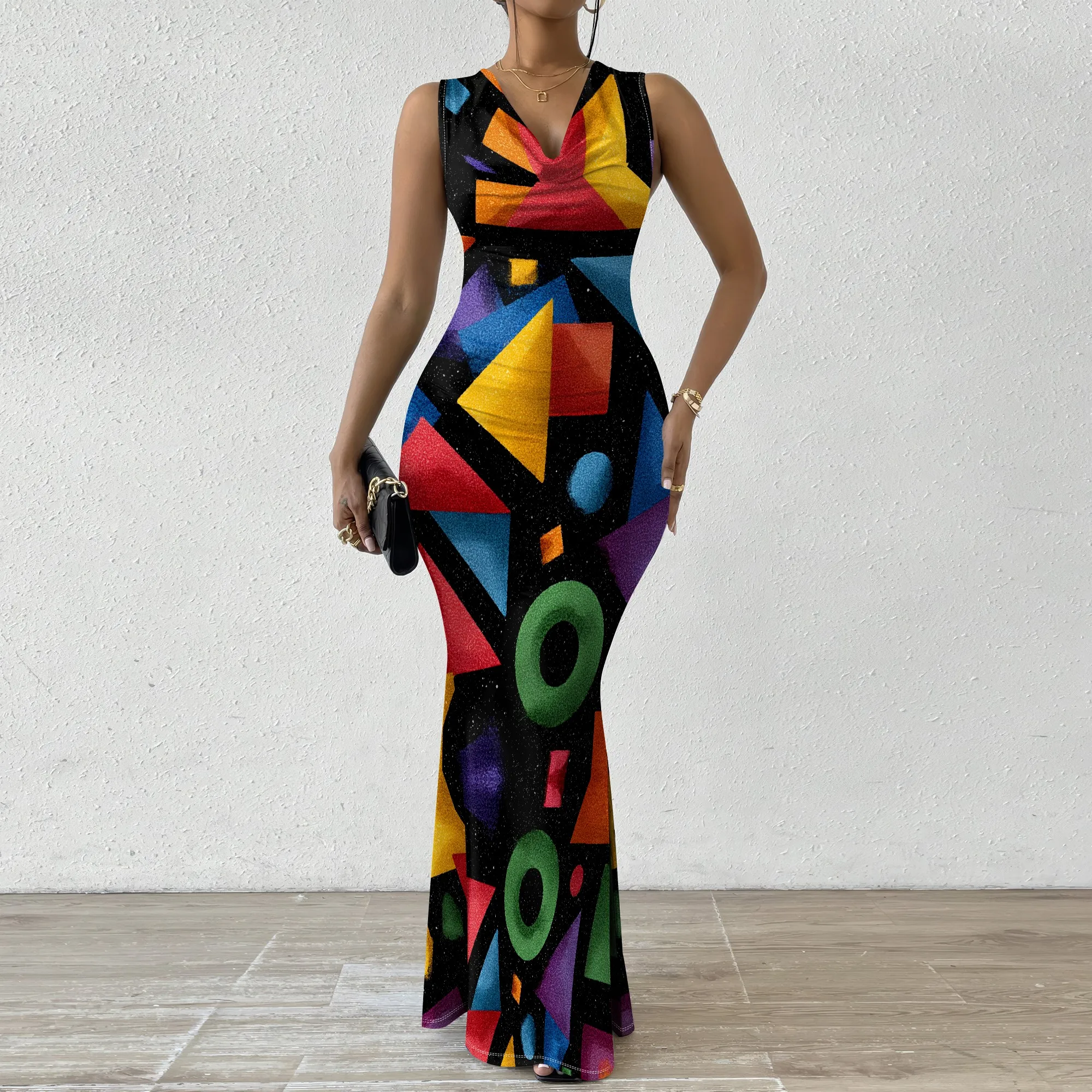 

Colorful Geometric Shapes Maxi Dress XS-2XL Sleeveless Bodycon Style for Art Festival, Club Night or Creative Party Look