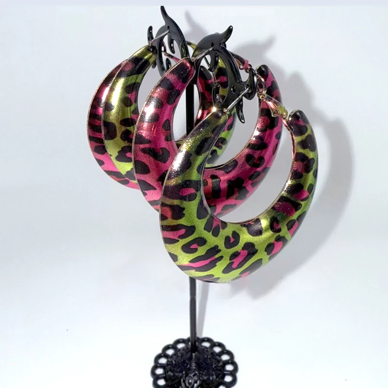 Joyería Y2K, pendientes con estampado de leopardo rosa para mujer, accesorios de moda sexys, pendientes con estampado de leopardo verde, abalorio Punk Grunge Rock
