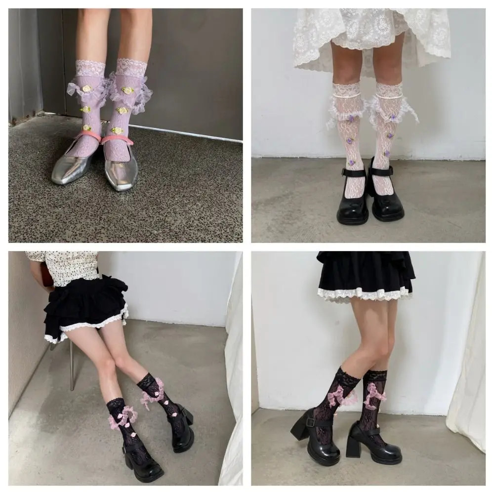 

Sweet Flowers Lolita Mesh Socks Women Girls Fashion Lace Socks Summer Japanese Middle Tube Socks Solid Color Mid-calf Lace Socks