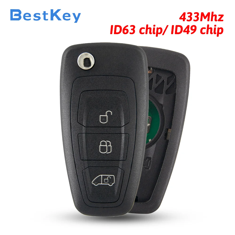 Best Key FCC A2C53435329 3 Button Flip Remote Key 433MHz ID49/ID63 Chip for Ford Transit Custom Connect Tourneo 2012-2019