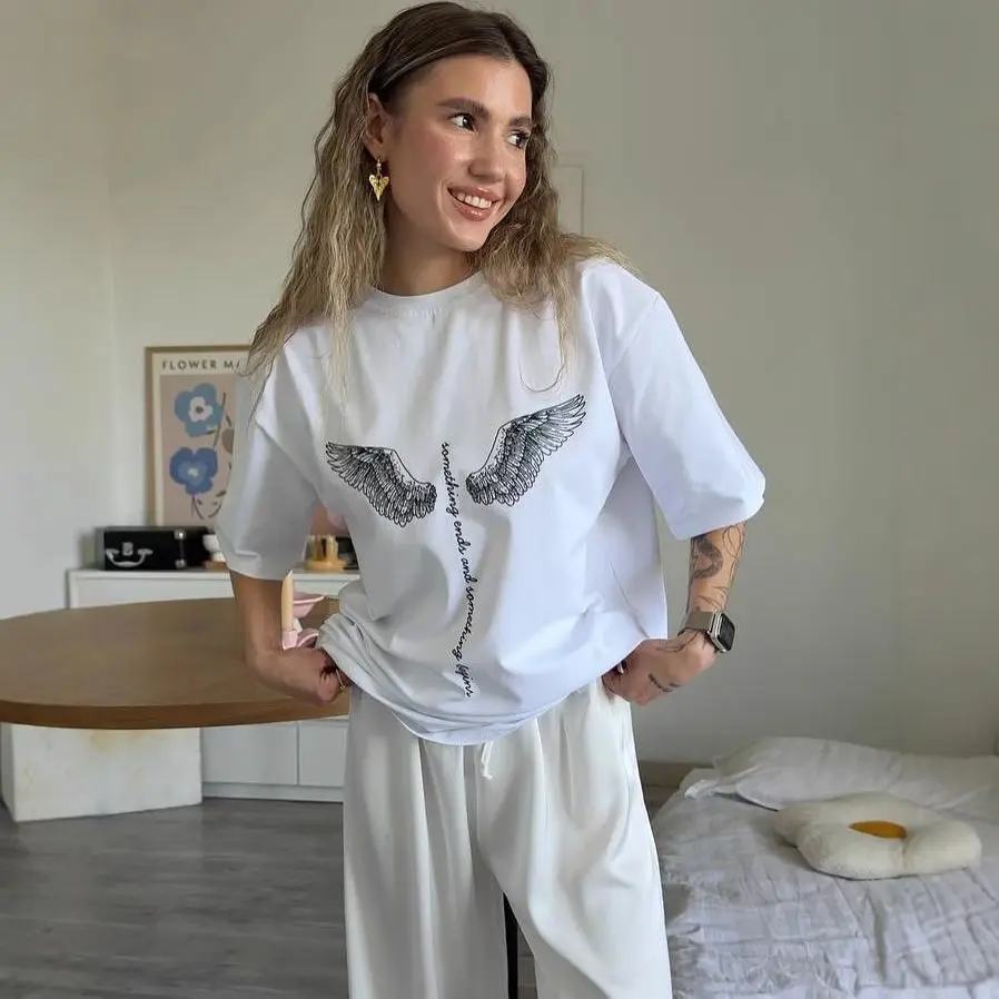 

Women's Printed Top Off-the-shoulder for Slimming in Summer Oversized Cotton Round-neck Short-sleeved T-shirt
