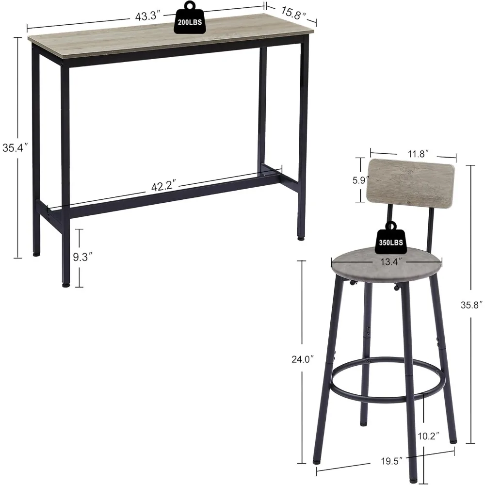 Set of 2 Bar Table and Chair, Kitchen Dinning Table Set with 2 Soft PU Backrest Stools, Counter Pub High Top Console for Kitchen