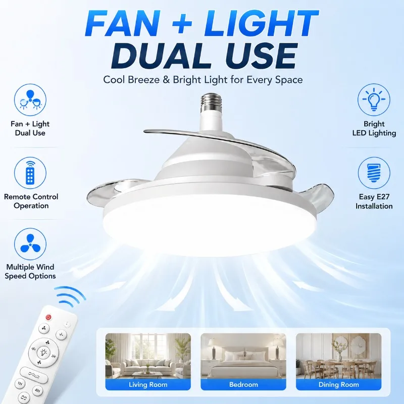Ceiling Fan Light Quiet 3 Phase Motor Invisible Blades LED Remote Control for Bedroom Living Room Dining Room Modern Home Decor
