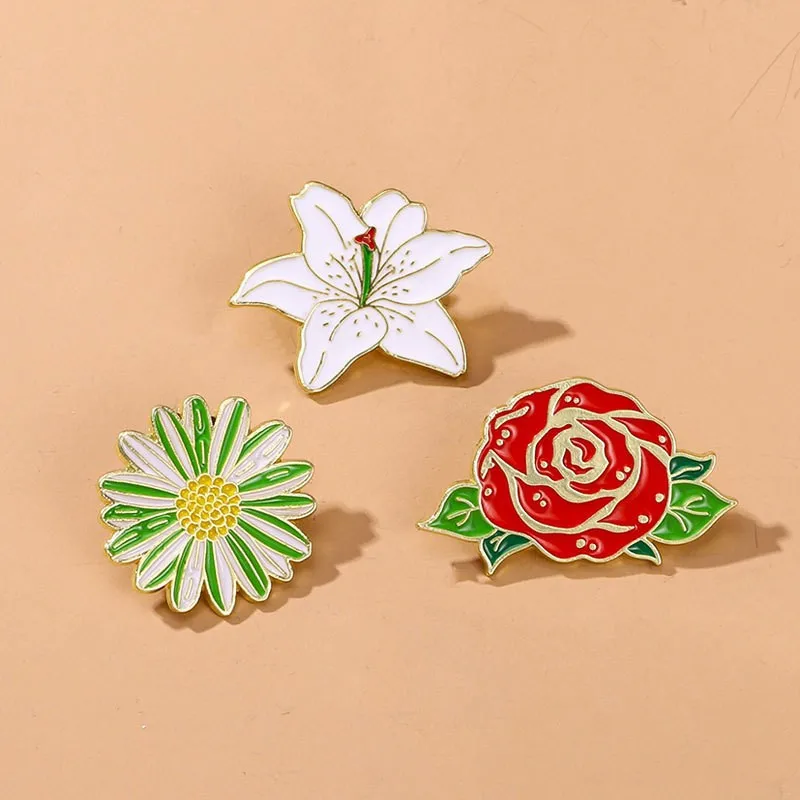 Creative Rose Lily Daisy Brooch Alloy Enamel Flower Pin Badge for DIY Clothes Bags Shoes Hat Scarf T-shirt Jeans Car