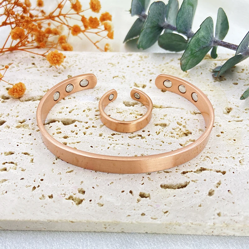 Set Armbänder und Ringe aus reinem Kupfer für Damen und Herren, einfache Manschette, magnetische Armreifen, Arthritis, Gesundheit, massiver Kupferschmuck – Detail 6