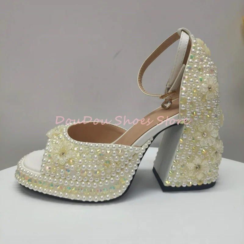 Pearl Rhinestone Flower Decor Block Heel Sandals Women Peep Toe Ankle Wrap Cover Heel High Heels Luxury Wedding Party Lady Shoes