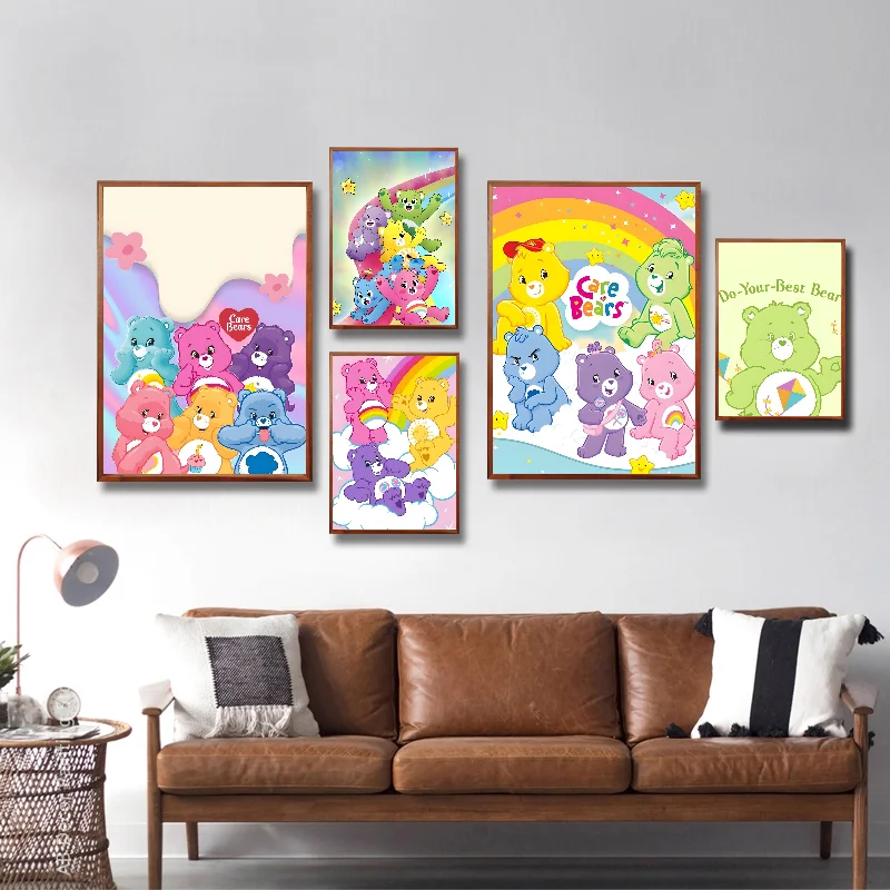 CUTE Care Bears Poster Self-adhesive Art Waterproof Paper Sticker Coffee House Bar Room Wall Decor