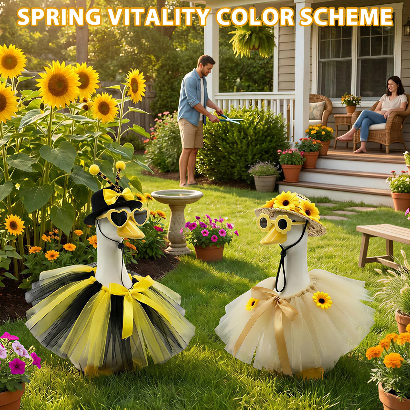 2 Set Porch Goose Outfit Spring Bee and Sunflower Cement Goose Statue Dress Up Costume Garden Geese Statue Tulle Skirt Clothing