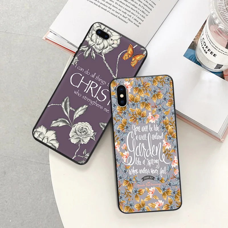 Matte Phone Case For iphone 16 Plus 15 14 13 12 11 Pro Max Mini 7 8 XR XSMax Flower Bible Jesus Christ Verse Black Soft Cove