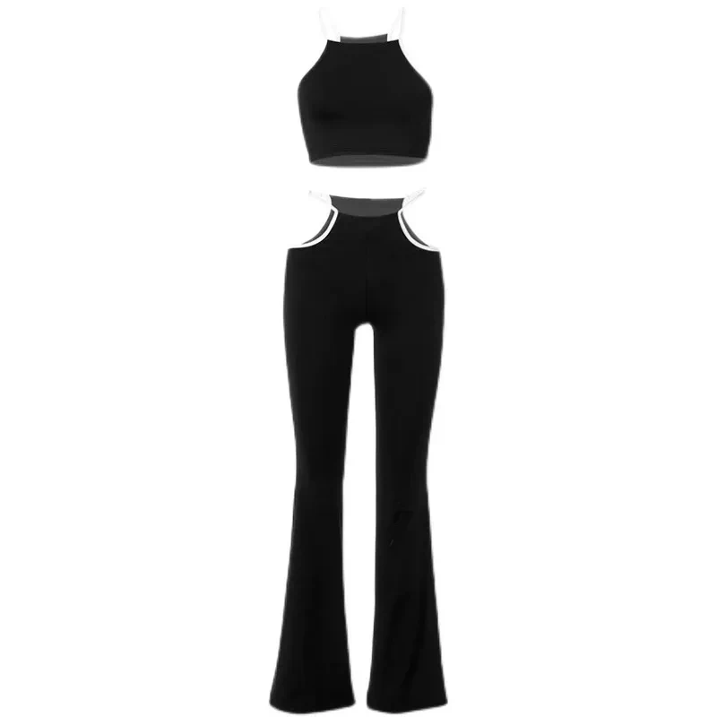 Korean Sexy Side Hollow Low Waist Pants Tops Set Punk Design Slim Trousers America Casual Women Camisole Flared Pants Streetwear