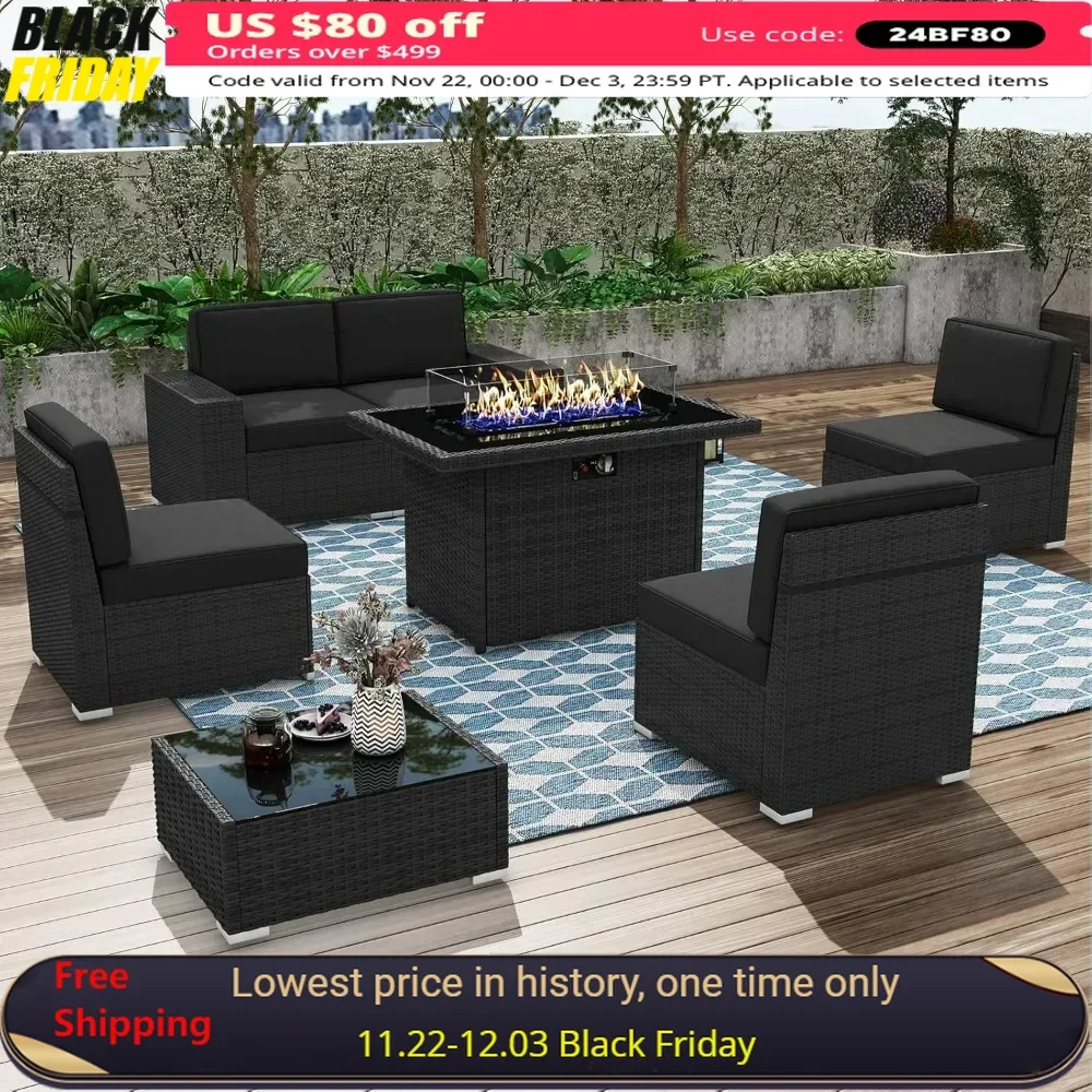 

7 Pieces Patio Furniture Conversation Sofa Set with 44" Propane Gas Fire Pit Table, Outdoor Sectional Rattan Wicker Sofa Set