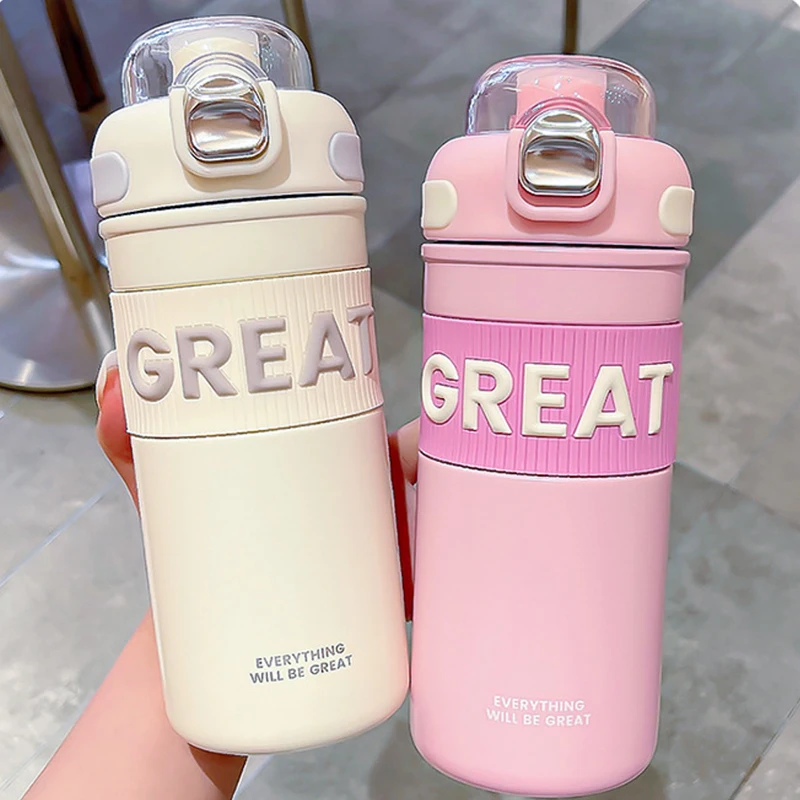 

575ml Stainless Steel Insulated Bottle with Straw Portable Dual Drink Coffee Cup Simple Accompanying Water Bottle for Travel