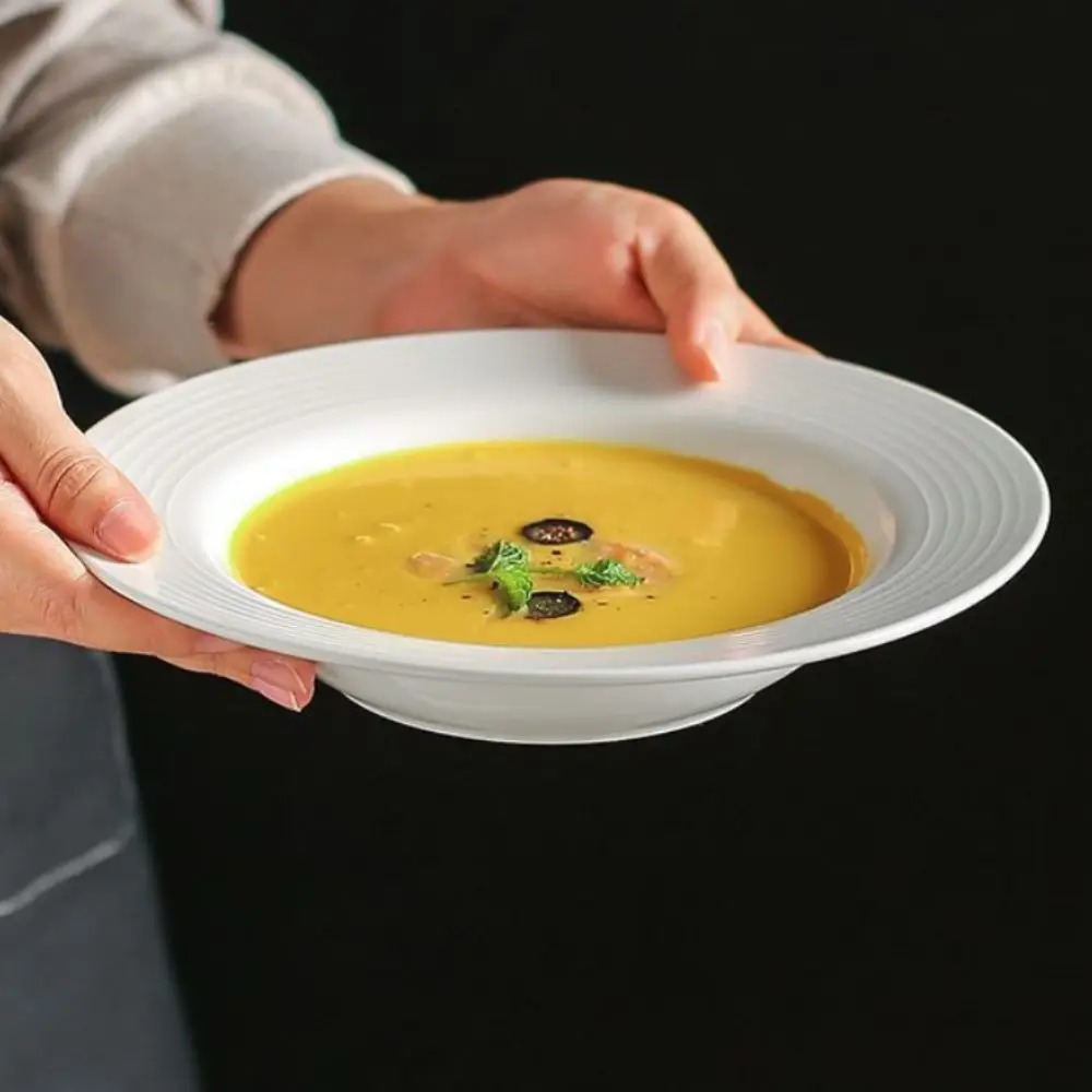 2PCS Japanese-Style Ceramic Straw Hat Plate Under-glaze Painting Threaded Pattern Dessert Dish White Round Dinner Plate Pasta