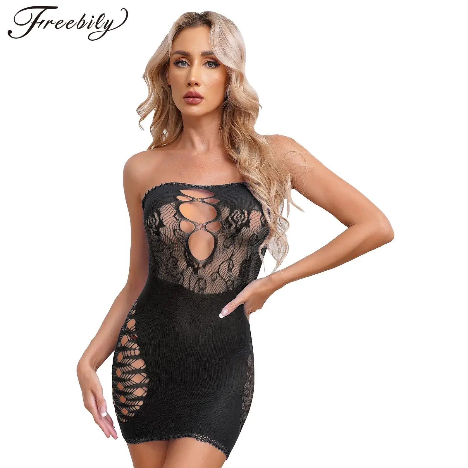 

New Sexy Womens Fishnet Hollow Out Mini Dress Summer Strapless Stretchy See-Through Bodycon Dresses Party Clubwear Beachwear