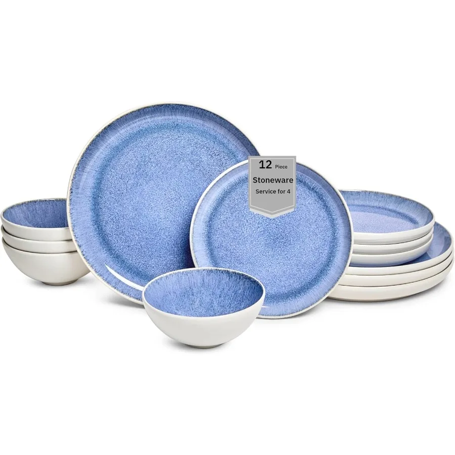 Conjunto de louça de grés de 12 peças para 4 esmalte reativo azul claro em pratos e tigelas brancas conjunto de prato de cerâmica de cozinha moderna