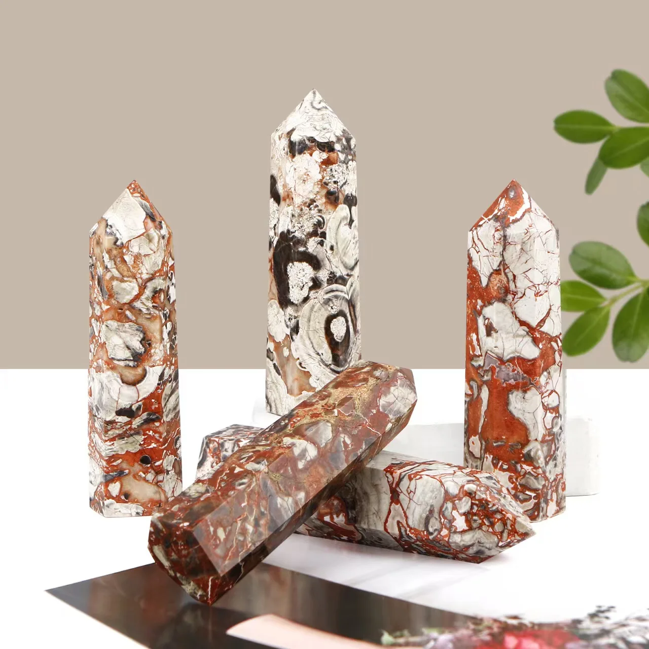 1pc Money agate hexagonal prism obelisk, suitable for home decoration, holiday party gifts