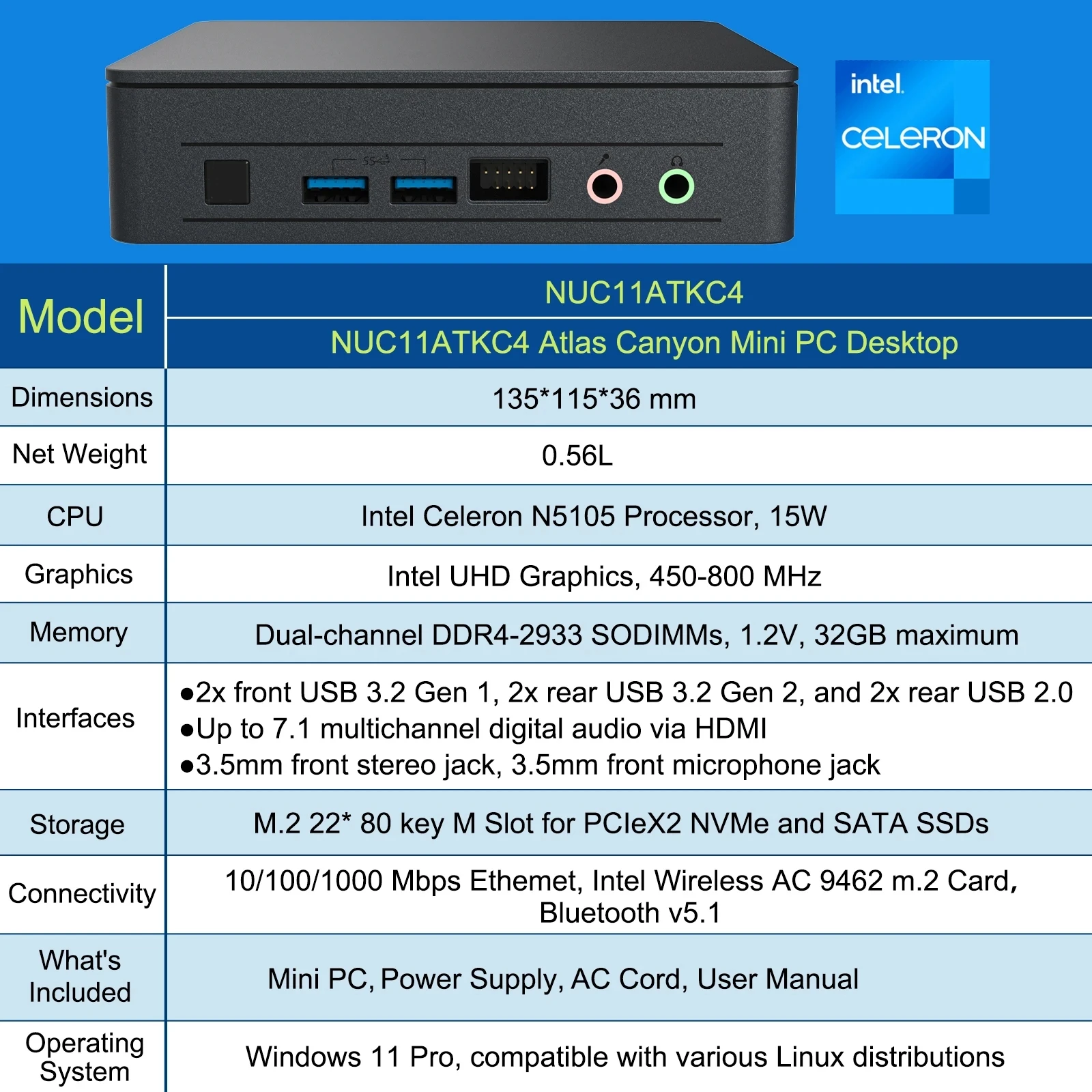 كمبيوتر مصغر إنتل كمبيوتر مصغر artic11atkc4 سيليرون المعالج N5105 (تصل إلى 2.90 Ghz ، 4 Theard ، 4 Core)