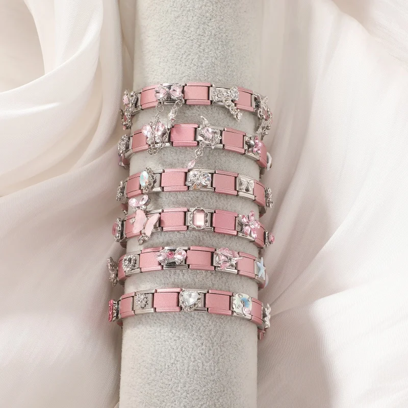 Y2K Shiny Candy Daisy Flowers Bow Butterfly Shell Chain Italian Pink Charm Set Fit 9MM Stainless Steel Bracelet DIY Making Gift