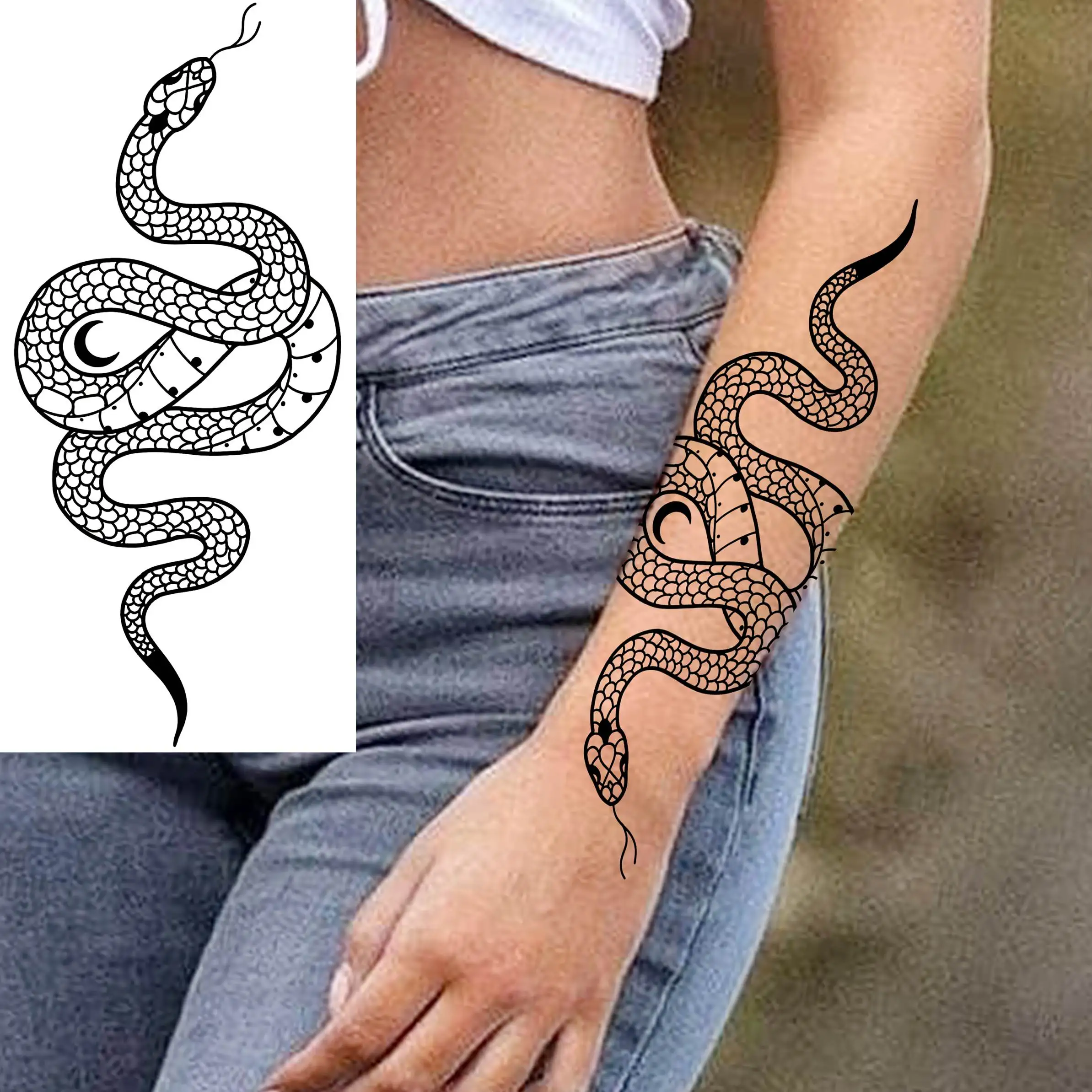 1 Sheets Snake Temporary Tattoos For Women Men Adults Fake Black Transferable Water Transfer Tattoo Sticker Arm Leg Body