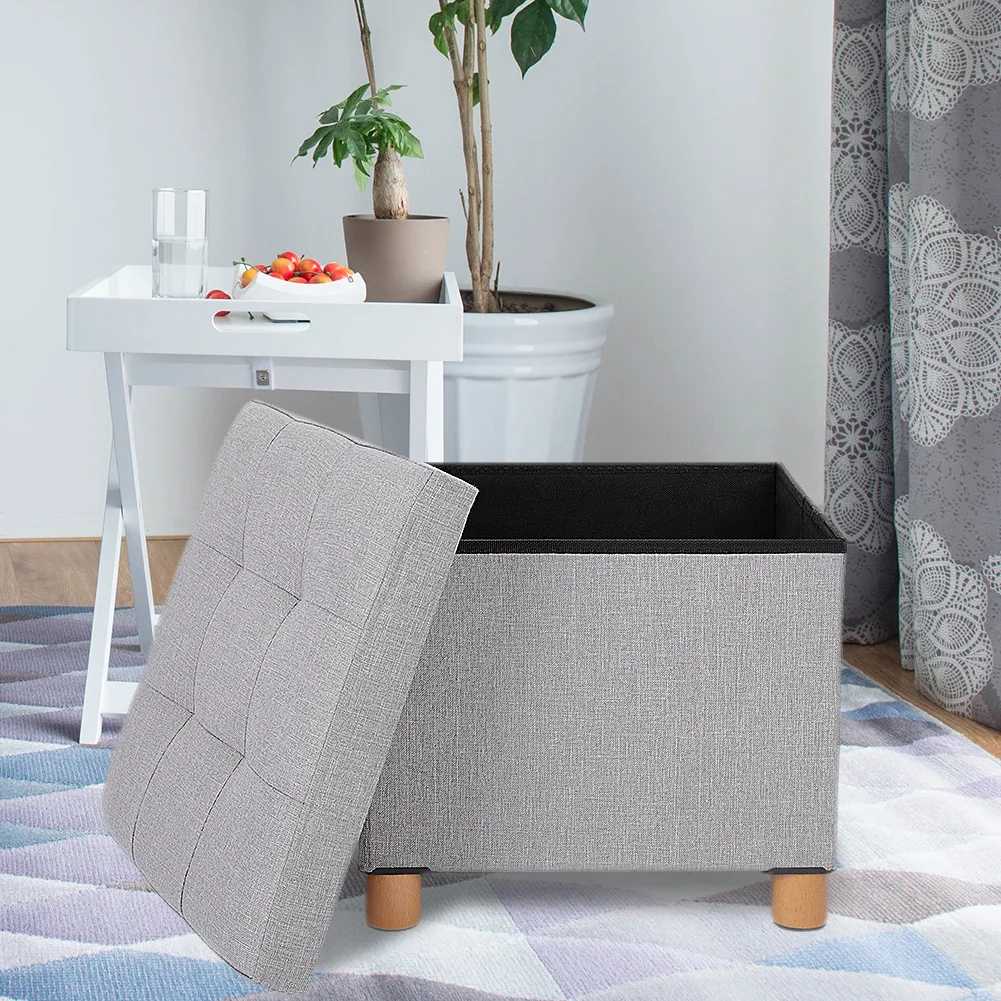 Foldable Storage Footrest Stool Folding Storage  Foot Rest Stool with 4 Wooden Legs and Removable Cushion (Light Gray)