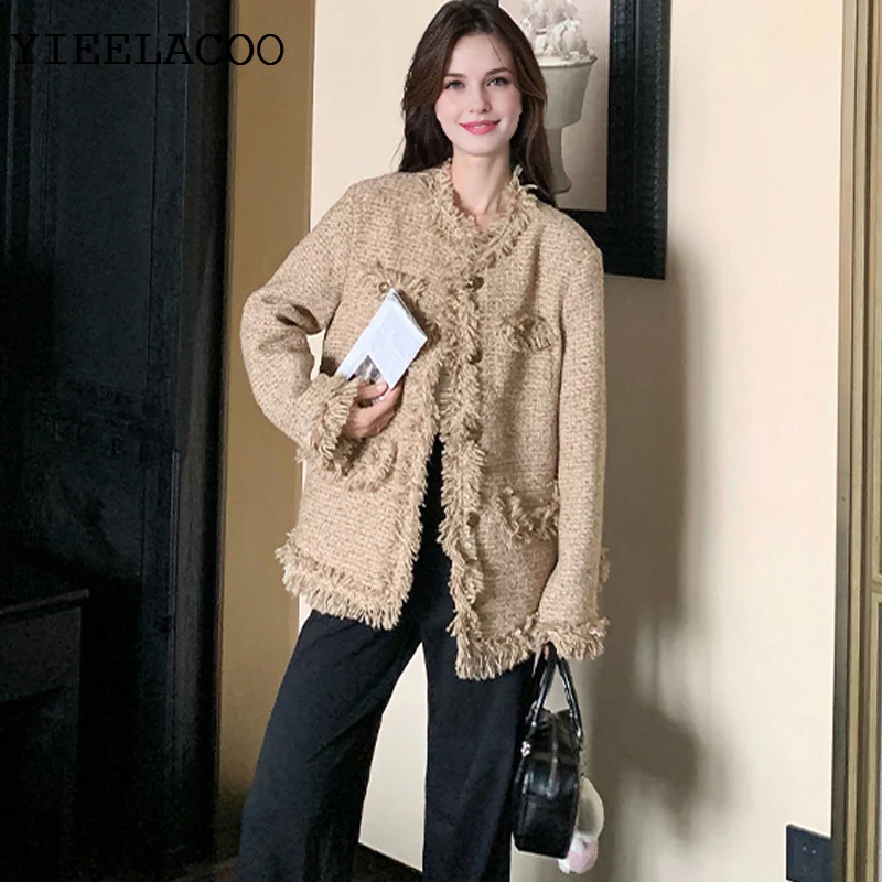 

khaki Tweed Jacket, fragrant high-end versatile top Classic women's jacket Fashionable outerwear