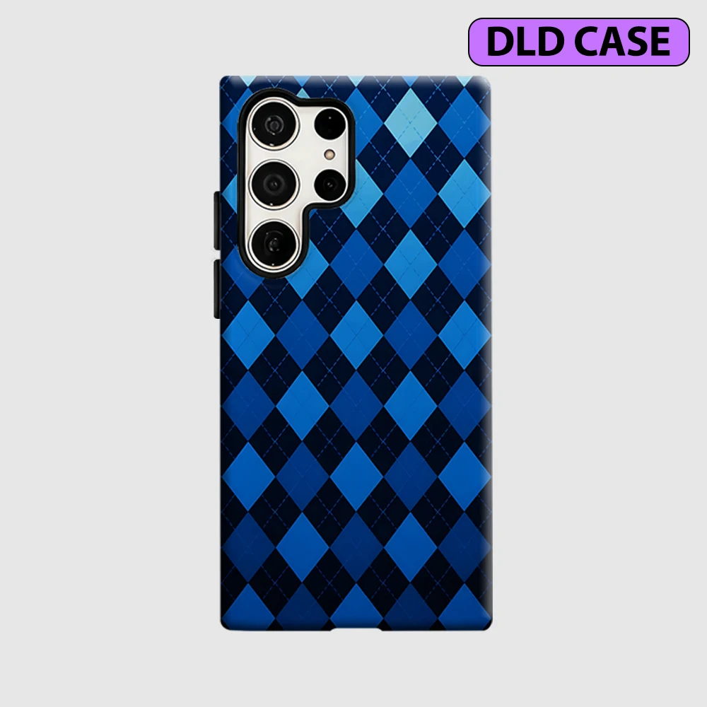 Cobalt Argyle Phone Case for Samsung Galaxy S26 S25 Ultra S24 S23 Ultra Plus Shockproof Double Layer Tough Back Cover